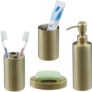 Relaxdays Badezimmer Set, 4-teilig, Badaccessoires Edelstahl gebürstet, komplette Badezimmerausstattung, modern, Gold