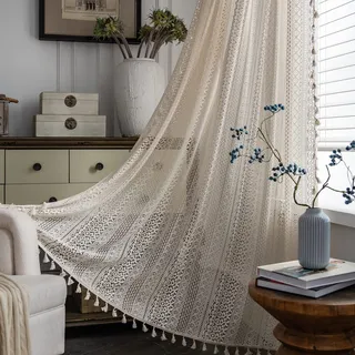 sutuo home Beige Boho-Vorhänge, Häkelspitze, halbtransparent, Bohemian, hohl, gestrickt, handgefertigt, Quasten, Stangentasche, Fensterbehandlung, Vintage, rustikal, Bauernhaus-Vorhänge für