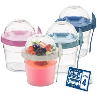 CRYSTALIA Joghurt Tassen 4er Set, 100% BPA FREI, Joghurt Parfait Tassen mit Deckel, Mini Frühstück Unterwegs Plastikschalen mit Topping Getreide Haferflocken oder Obstbehälter mit Löffel für