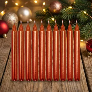 MIJOMA Set Festliche Baumkerzen, Weihnachtskerzen, Pyramidenkerzen, Christbaumkerzen aus Wachs für Weihnachtsbaum, Geburtstagsfeiern und Torten, Lange Brenndauer, Ø11x105 mm (10, Rot Metallic)