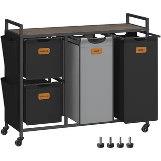 VASAGLE Wäschekorb 4 Fächer, Wäschesammler 150 L, Wäschesortierer, Rollen, Wäschewagen mit Ablage, Wäschesack, kleine seitliche Taschen, 6 Etiketten, kastanienbraun-tintenschwarz-taubengrau BLH203B01