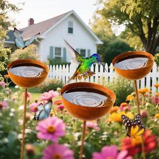 Ufdeoton Gartendeko Vintage Gartenstecker Rost Gartendeko für Draußen Vogeltränke Garten Insektentränke Metall Rostiger Beetstecker Topfstecker 3er