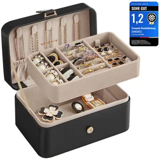 SONGMICS GISELLA Kollektion - Schmuckkästchen Reise mit 2 Ebenen, Schmuckkasten klein, Schmuckaufbewahrung, tragbar, für größere Accessoires, Geschenkidee, 11,6 x 16 x 7,5 cm, tintenschwarz JBC166B01