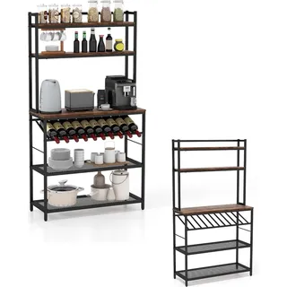 KOMFOTTEU Küchenregal Bäckerregal 6 Ebenen, Standregal mit Flaschenhalter, Mikrowellenregal aus Metall & Holz, Netzregal inkl. 6 Haken, 90x35x165 cm - Braun