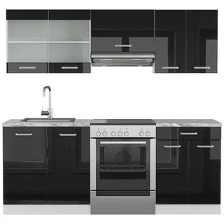 Vicco Küchenzeile R-Line 200 cm Schwarz Hochglanz/Weiß