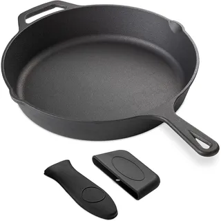 Navaris Gusseisenpfanne - 30cm Eingebrannte Pfanne Gusseisen Induktion - Emailliert - Cast Iron Pan, Gusspfanne, Grillpfanne Gusseisen, Steakpfanne mit Zwei Ausgießer, Ofenfest