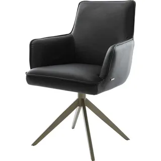 DeLife Drehstuhl Heira-Flex mit Armlehnen Echt-Leder Schwarz Kreuzgestell breit Effektfinish Titan 360° drehbar Wippfunktion Taschenfederkern, Esszimmerstühle