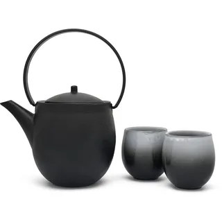 schwarze gusseiserne Asia Teekanne 1.2 Liter inkl. 2 Porzellan Teebecher - zur Aufbereitung von losem Tee