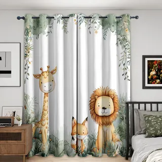 zcwl Süße Safari-Tiere Vorhänge, Kinder Dschungel Verdunklungsvorhänge mit Ösen, Vorhang Blickdicht für Wohnzimmer Schlafzimmer Dekoration, Gardinen mit Muster, 2er Set, H 145 x B 140 cm #S444