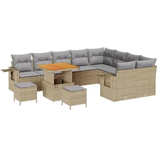 12-teiliges Garten-Sofa-Set mit Kissen Beige Poly Rattan Akazie, 3-teiliges Garten-Dining-Set mit Kissen Beige Poly Rattan Akazie, Gartensofas DesignMöbel Neu - Beige