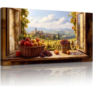 MHARTK66 Fensterblick Landschaft Leinwandbild, 59x119 cm XXL Wandbilder Obstkorb & Weinglas Esszimmer Bilder Aesthetic, Weinberg Wanddeko Kunstdruck Küche Wohnzimmer Schlafzimmer Flur