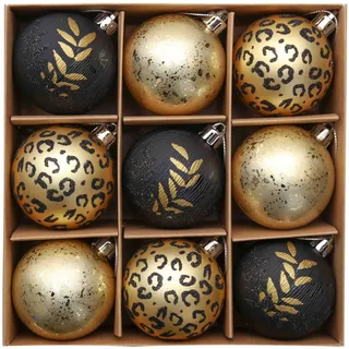 Valery Madelyn Weihnachtskugeln 9 Stücke 6CM Kunststoff Christbaumkugeln Weihnachtsdeko mit Aufhänger Baumschmuck für Weihnachtsdekoration Gold Schwarz Goldene Tropische Partei Thema