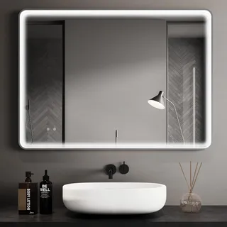 Clevich Badspiegel mit Beleuchtung 70 x 50 cm, Superheller COB LED Lichtstreifen, Aluminiumrahmen, 3 Lichtfarben, Dimmbar, Anti-Beschlag, Memory-Funktion, Badezimmerspiegel Wandspiegel mit Litch