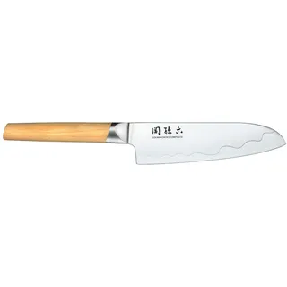 KAI Seki Magoroku Composite Santoku Messer 16,5 cm Klingenlänge - SUS420J2 Edelstahl 56 HRC /VG 10 Stahl 61 HRC - heller gemaserter Pakkaholzgriff - Handgefertigt in Japan - Durchgehender Erl