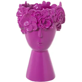 Vase mit Gesicht und Blumen aus Keramik, Fuchsie, matt, 17 x 28 cm, Sockel 11 cm