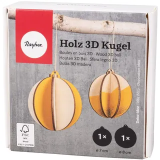 Rayher 3D-Kugeln Holz, Weihnachtskugeln Holz, FSC zertifiziert, natur, 2 Stück, 7 + 8 cm ø, mit Kordel, Set 8-tlg. Holzkugeln Hänger, 64521505, braun (brown)