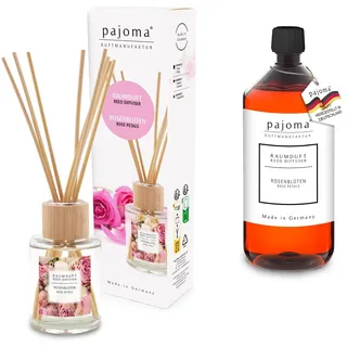 pajoma® Raumduft Rosenblüten 100 ml + Nachfüller 1000 ml | Komplett-Set mit Rattanstäbchen | Langanhaltender Diffuser, Premium Qualität