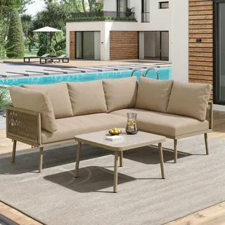 3-teiliges Terrassenmöbel-Set, L-förmiges Garten-Lounge-Set aus Seil mit Sitzkissen, Terrassen-Sitzgruppe aus Eisen für Terrassen, Balkone, Gärten, Kh - Grün