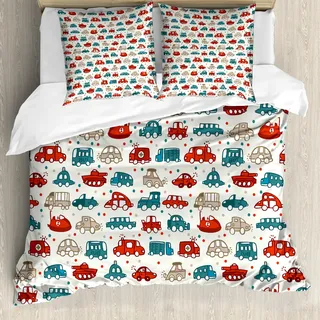 ABAKUHAUS Autos Bettbezug, Spielzeit Kids Doodle, Milbensicher Allergiker geeignet mit Kissenbezügen, 200 cm x 200 cm - 80 x 80 cm, Teal Scarlet Tan