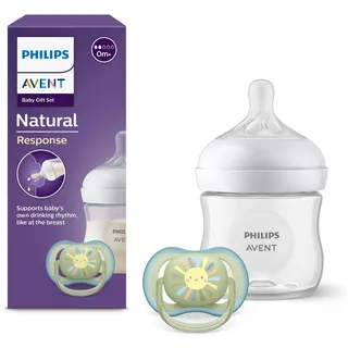 Philips AVENT Natural Response Geschenkset für Babys, Natural Response Babyfläschchen 125ml mit Saugergröße 2 (ab Geburt), ultra air Schnuller, Modell SCD837/10