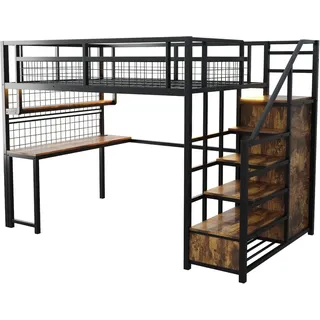 okwish Hochbett 140x200cm mit Stauraumleiter Kleiderschrank Tisch Lichtleiste Schwarz ohne Matratze