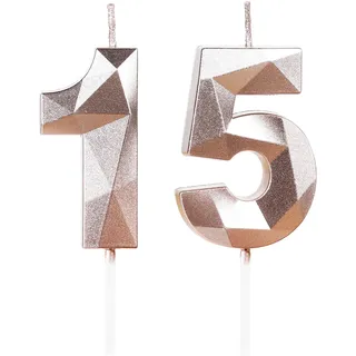 Geburtstagskerzen Zahlen 15 Roségold, 5cm Roségold Geburtstag Kerzen, Tortendeko, Geburtstagskerzen für Geburtstagsdeko, Nummer 15