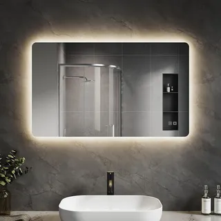 SVNR Badezimmerspiegel Mit Hintergrundbeleuchtung,100 x 60cm An Der Wand Montierter LED-Kosmetikspiegel Mit 4mm Kupferfreiem Glas, Aluminiumrahmen, 3 Lichtfarbe+Stufenloses Dimmen