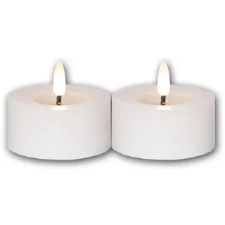 Star Trading 060-06 LED-Echtwachs-Kerze "Flamme Flow T-Light" 2er Set, weiß, Wachsspiegeloptik, ca. 5,5x7 cm, naturgetreue Flamme, Batterie, Timer, Vierfarb-Karton