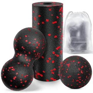 Kisvic Faszienball und Klein Faszienrolle, Massageball Set Relieve Stress and Relax Tight Muscles, Duoball für Wirbelsäule Fuß Nacken und Rücken (Rot)