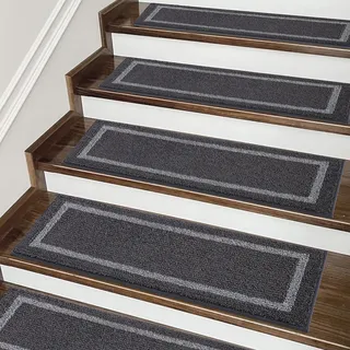 COSY HOMEER Treppenstufen Matten 70x22cm (15 Stück), Stufenmatten Innen Selbstklebend rutschfest Teppich Treppenstufen, Stufenmatten Maschinenwaschbar, 100% Polyester, TPE-Rücken, Schwarz