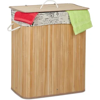 Relaxdays Wäschekorb Bambus, 2 Fächer, Wäschesortierer mit Deckel, HBT 64 x 55 x 34,5 cm, entnehmbarer Wäschesack, Natur