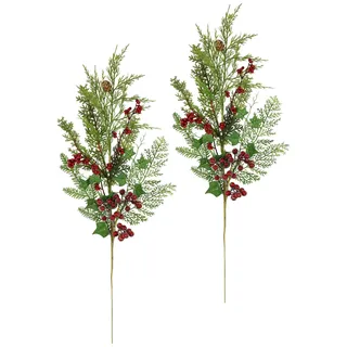 Künstlicher Beerenzweig Deko Zweig mit Beeren Zapfen Efeu Tannenzweige 2er Set 75cm groß AST Blumen künstlich Äste für Adventskränze Girlanden Weihnachtsdeko Floristik Kunstblume Kunstzweig, 75 cm