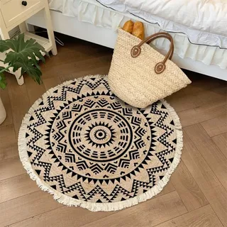Aniyan Handgewebter Baumwollteppich Rund Boho Stil mit Fransen, Geflochtener Teppich Waschbar Faltbar, Weicher Teppich für Wohnzimmer Schlafzimmer Küche Flur (Ø 80cm,Muster J)