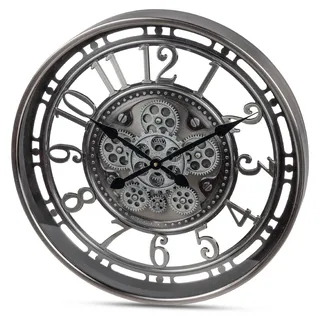 Moderne Wanduhr mit Beweglichen Zahnrädern - 54cm, Silber-Schwarz, Metall - Silber