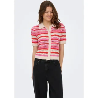 Strickjacke ONLY "ONLLULA POLO S/S CARDIGAN KNT NOOS", Damen, Gr. XS, high risk rot stripes:pink, cd, Strick, Obermaterial: 100% Polyester, gestreift, regular fit normal, Rundhals, Strickjacken Strickjacke