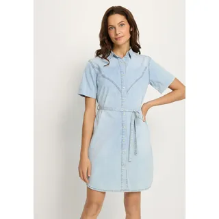 Jeanskleid LASCANA, Damen, Gr. 44, N-Gr, blau (light blau washed), Denim/Jeans, Obermaterial: 100% Baumwolle, figurbetont ca. Mitte Oberschenkel, Rundhals, Kleider Jeanskleid, in softer Denimqualität, modischer Western-Look