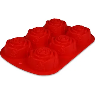 BlueFox I Muffinform mit Rosen - 24,5 x 16 x 3,5cm - Backform - Silikonform - Backform Weihnachten - Blumenform - Silikonherzbackform - Blumenmuffins - Cupcakeform - Kleine Kuchenform in 3D - Rot