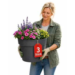 BigDean 3 Stück Blumentopf ø 40 cm Classic anthrazit Pflanzkübel groß außen | -mit Wasserspeicher - wetterfester Kunststoff - Pflanzkübel groß Innen -