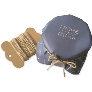 25 Marmeladendeckchen - Frohe Ostern - Gläserdeckchen blau für Marmelade, Marmeladengläser & Einmachgläser, Recyclingpapier Abreißblock + 10 m Jute Garn + Justiergummi