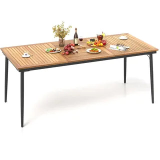 FANTASK Gartentisch mit Schirmloch, 200x90cm, Esstisch aus Akazienholz für 8 Personen, Rechteckiger Balkontisch Wetterfester für Terrasse, Garten, Natur + Schwarz