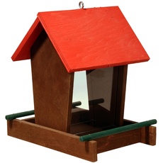 dobar® 91108FSCe Vogelfutterstation Holz hängend - Vogelfutterspender Holz mit Futtersilo - Vogelhaus kleine zum Hängen - Vogelfutterhaus für Ganzjahresfütterung - 16 x 21 x 20 cm - Rot/Grün/Braun