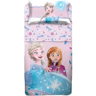 hermet Bettwäsche-Set für Einzelbett, Motiv: Die Eiskönigin, 100% Baumwolle, Bettwäsche-Set für Einzelbett, Bettdecke, Oberlaken mit Klappe, Spannbettlaken + Kissenbezug