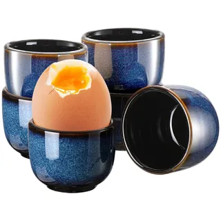Caossuixin 6er Set Eierbecher Keramik, Eierbecher Porzellan Vintage Blau, Hochwertige Keramik mit Glänzender Oberfläche, Eierbecher Set für alle Eigrößen, Blaues Design mit Farbverlauf
