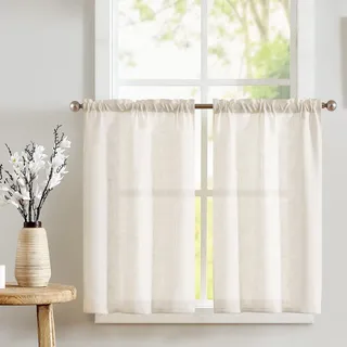 TOPICK Scheibengardinen Cream Weiß Leinenoptik Bistrogardine für Wohnzimmer Küche Fenster Lichtdurchlässig Küchenvorhänge Kurz Gardinen Moderne Landhaus Scheibengardinen Tunnelzug 2er Set 65x60 cm