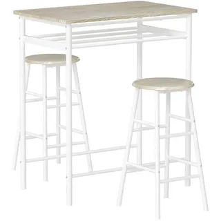 Homcom Bartisch Set 3-teilig Küchentisch mit Stuhl Stehtisch Barhocker Stahl Weiß+Eiche , Kunststoff , 50x90x80 cm , Esszimmer, Barmöbel, Barschränke & Theken