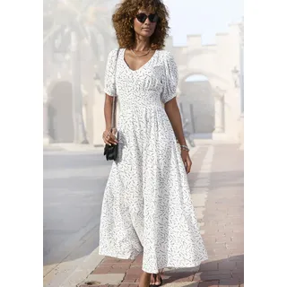 Maxikleid LASCANA, Damen, Gr. 38, N-Gr, blau (weiß, schwarz bedruckt), Web, Obermaterial: 100% Viskose, bedruckt, figurumspielend knöchellang, V-Ausschnitt, Puffärmel, Kleider Maxikleid, mit Alloverdruck und V-Ausschnitt, gewebtes Sommerkleid, Strandkleid, Topseller