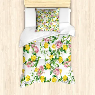 ABAKUHAUS Gelbe Blume Mantele, Bindweed Roses, Milbensicher Allergiker geeignet mit Kissenbezügen, 135 cm x 200 cm - 80 x 80 cm, Jade-Grün-Baby-Rosa - Gelb