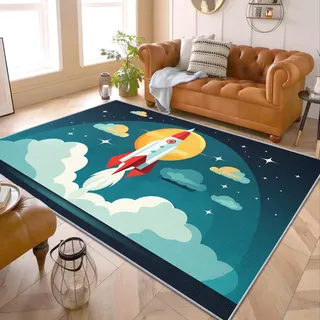 PaxGloz Rakete Teppich - Teppiche Wohnzimmer Schlafzimmer Weltraum, Kleiner Teppich Raumschiff, Weich Kurzflor & Waschbar & rutschfest Fussmatte Innen, Kinderteppich 60x90 cm