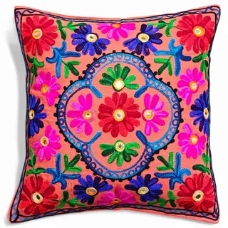 Kissenbezüge, dekorativ, bestickt, Mandala-Blumenmuster, Ethno-Boho-Kissenbezug, leuchtend bunter Bohemian-Bezug für Sofa, Couch, handgefertigter Schlafzimmer, Wohnzimmer, 40 x 40 cm (16 x 16 Zoll)