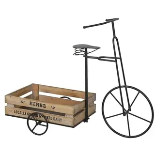 DRW Dreirad Blumenkasten aus Metall mit Holztablett in Schwarz und Natur, 70 x 90 x 37 cm